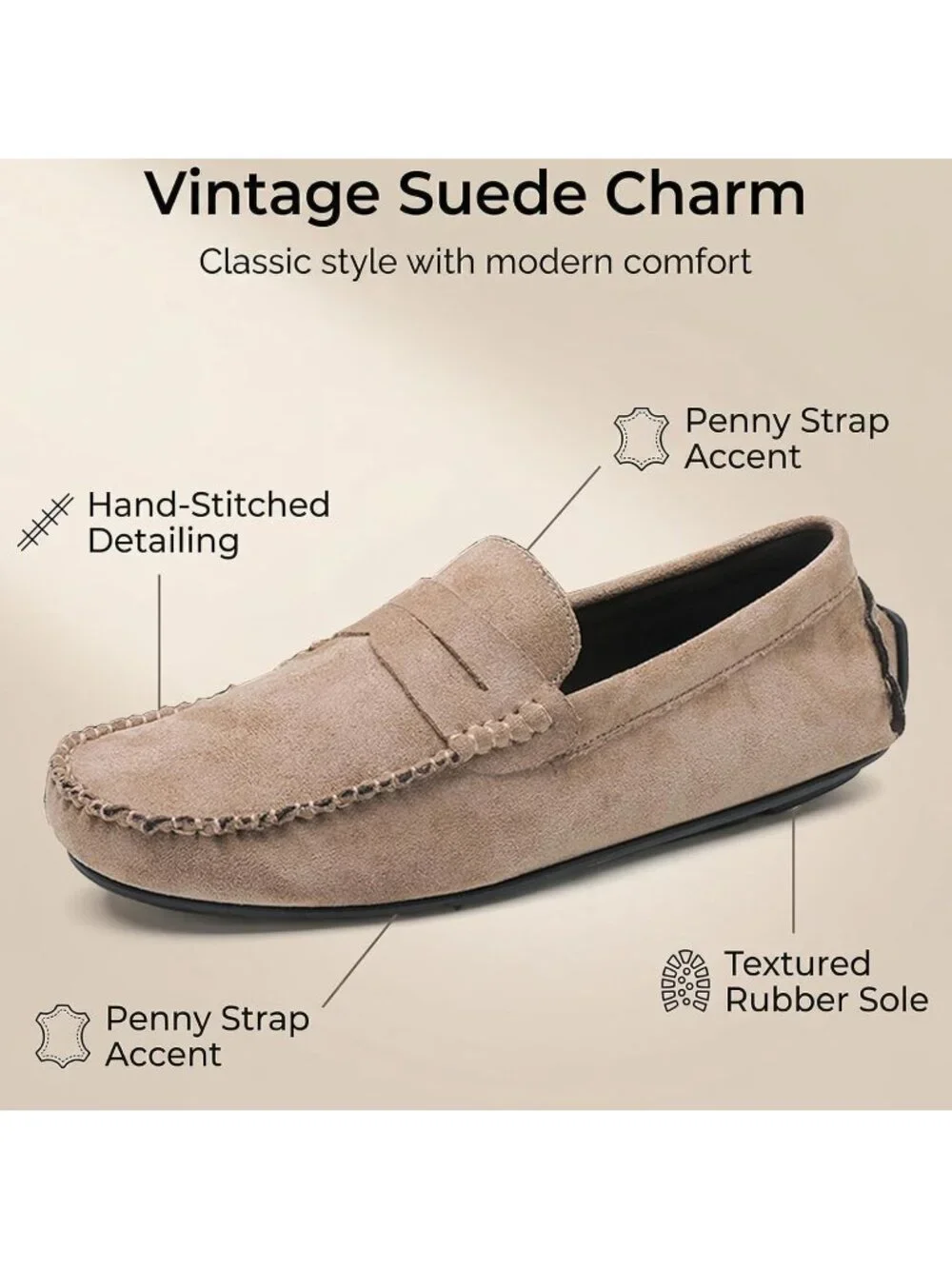 Men's Khaki Suede Penny Loafers Slip-On Driving Moccasins Casual Flat Shoes